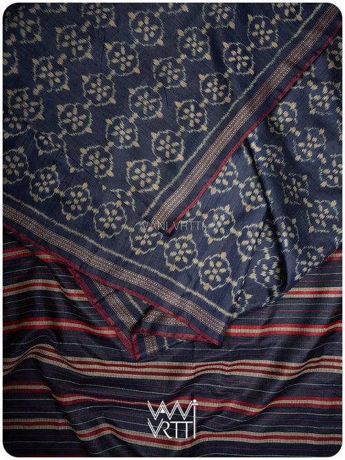 Midnight Blue Nargis Ikat Handspun Tussar Silk Sari