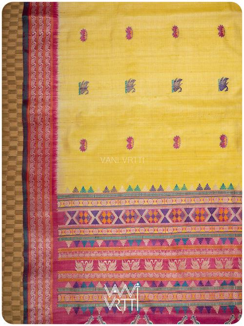 Haldi Besan Yellow Ganga Jamuna Veena Pani Lata Master Weave Exclusive Handspun Tussar Silk Saree