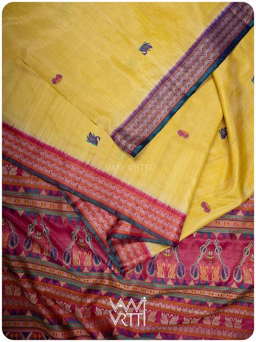 Haldi Besan Yellow Ganga Jamuna Veena Pani Lata Master Weave Exclusive Handspun Tussar Silk Saree