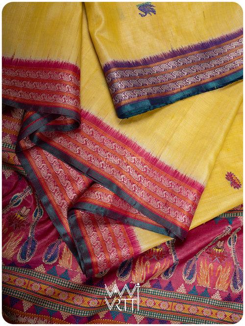 Haldi Besan Yellow Ganga Jamuna Veena Pani Lata Master Weave Exclusive Handspun Tussar Silk Saree