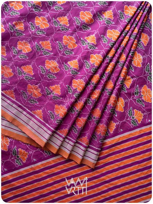 Deep Purplish Bougainvillea Pink Laal Jaba Mulberry Silk Ikat Sari