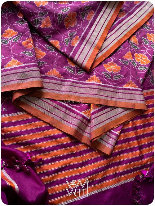 Deep Purplish Bougainvillea Pink Laal Jaba Mulberry Silk Ikat Sari