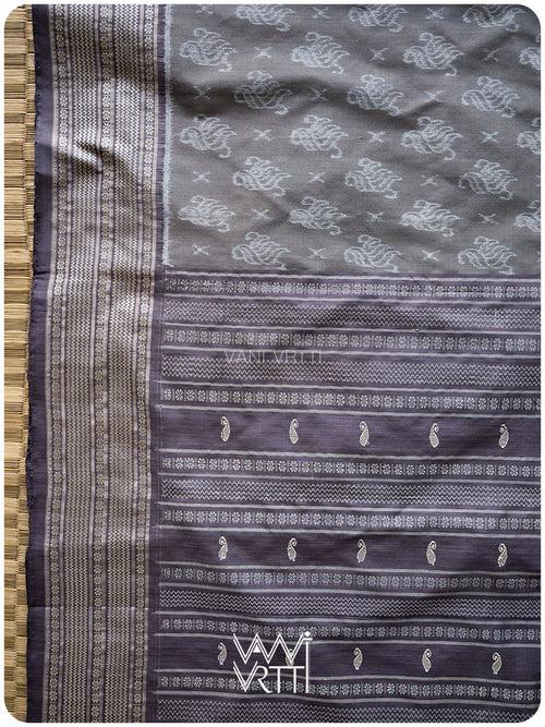 Grey Lilac Fern Butta Tea Leaf Natural Dyed Mulberry Silk Ikat Saree