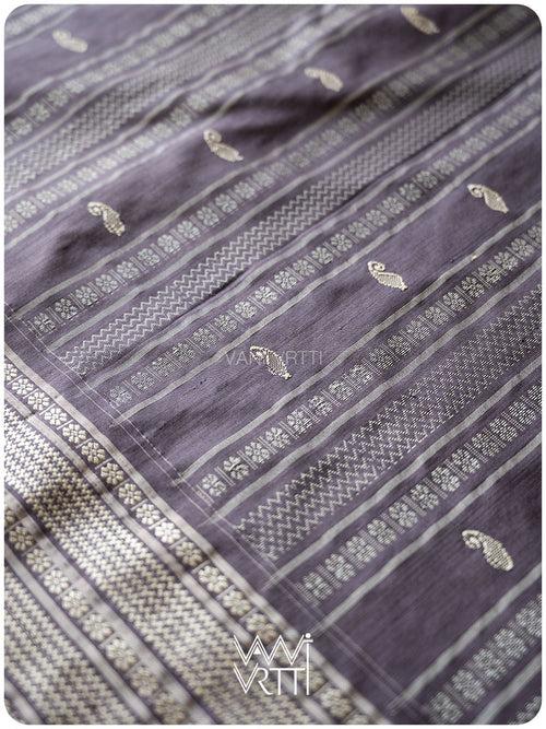 Grey Lilac Fern Butta Tea Leaf Natural Dyed Mulberry Silk Ikat Saree