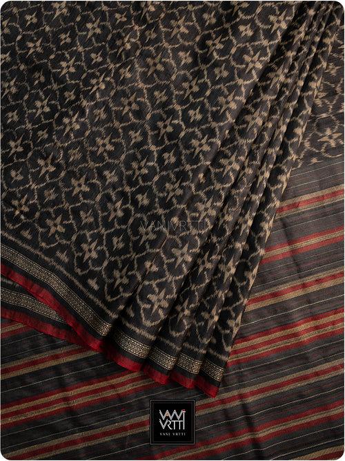 Black Red Chrysanthemum Master Weave Designer Handspun Ikat Tussar Silk Saree