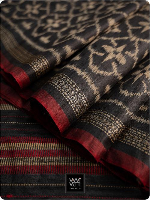 Black Red Chrysanthemum Master Weave Designer Handspun Ikat Tussar Silk Saree