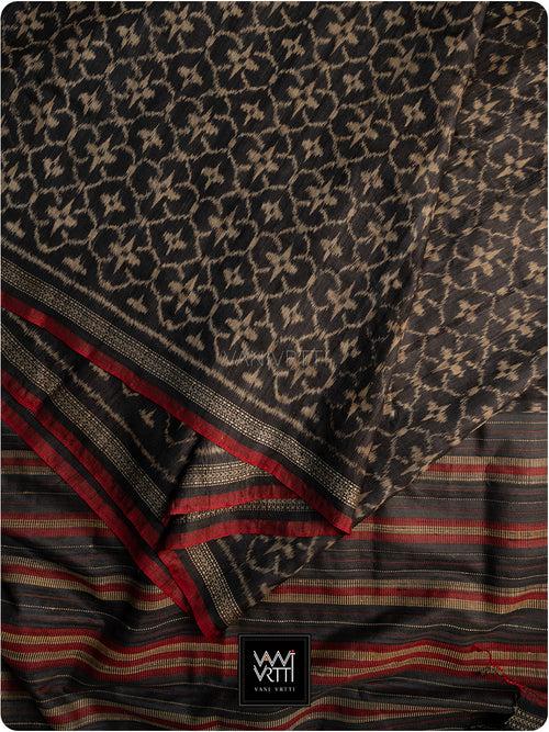 Black Red Chrysanthemum Master Weave Designer Handspun Ikat Tussar Silk Saree