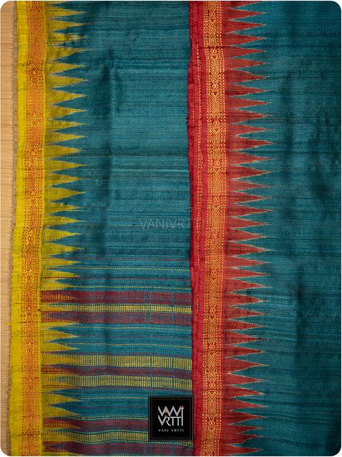 Deep Teal Red Mustard Aarush Handspun Tussar Silk Saree