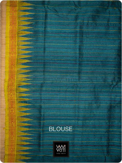 Deep Teal Red Mustard Aarush Handspun Tussar Silk Saree