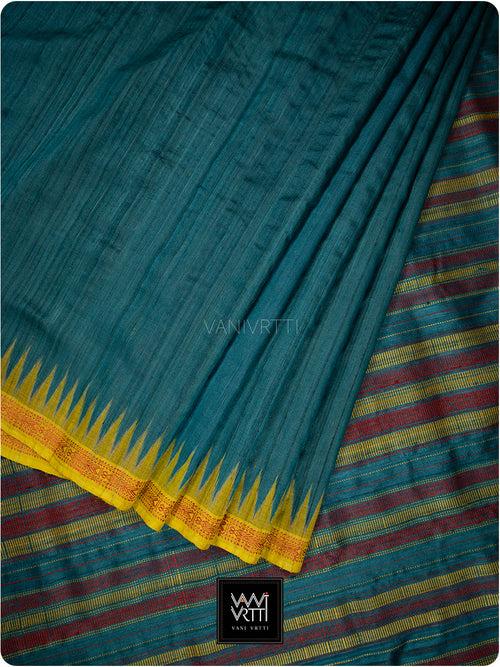 Deep Teal Red Mustard Aarush Handspun Tussar Silk Saree