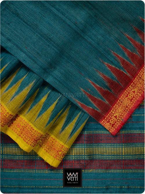 Deep Teal Red Mustard Aarush Handspun Tussar Silk Saree