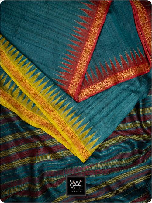 Deep Teal Red Mustard Aarush Handspun Tussar Silk Saree