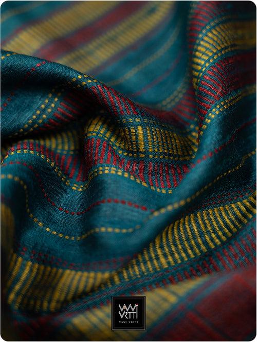 Deep Teal Red Mustard Aarush Handspun Tussar Silk Saree