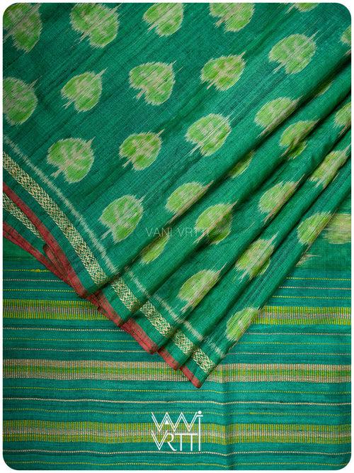 Emerald Green Peepal Ikat Handspun Tussar Silk Saree