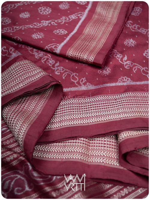 Burgundy Pink Mehendi Bail Phool Prakritik Lac Natural Dyed Mulberry Silk Ikat Saree