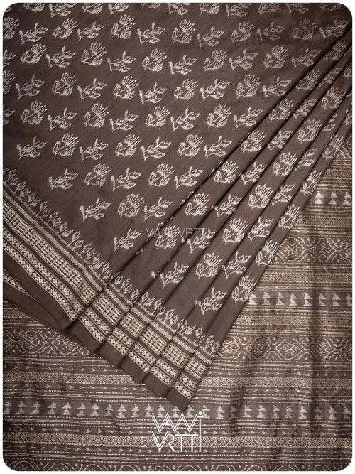 Deep Grey Wild Flower Prakritik Betel Nut Natural Dyed Mulberry Silk Ikat Saree