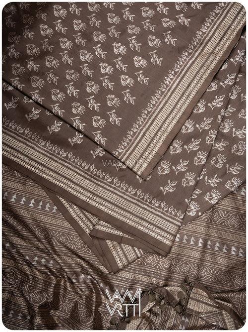 Deep Grey Wild Flower Prakritik Betel Nut Natural Dyed Mulberry Silk Ikat Saree