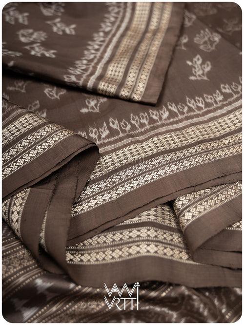 Deep Grey Wild Flower Prakritik Betel Nut Natural Dyed Mulberry Silk Ikat Saree