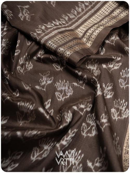 Deep Grey Wild Flower Prakritik Betel Nut Natural Dyed Mulberry Silk Ikat Saree