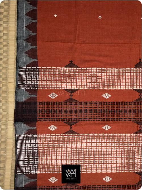 Brick Red Grey Natural Dyed Phoda Kumbha Handwoven Cotton Kotpad Saree