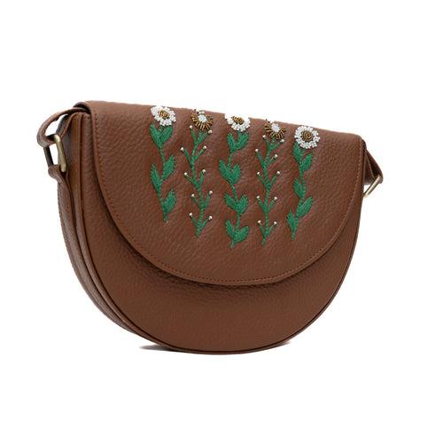 Tan hand embroidered lune bag