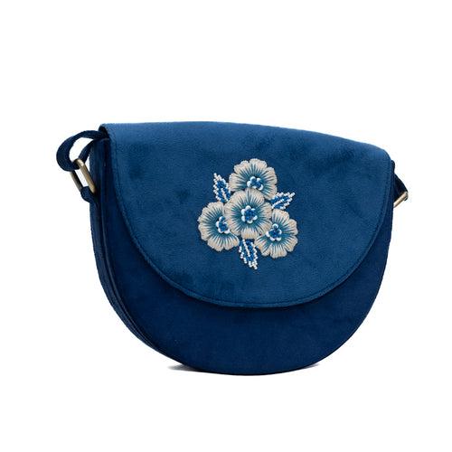 Blue hand embroidered lune bag