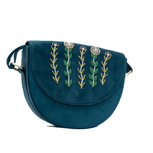 Olive hand embroidered lune bag