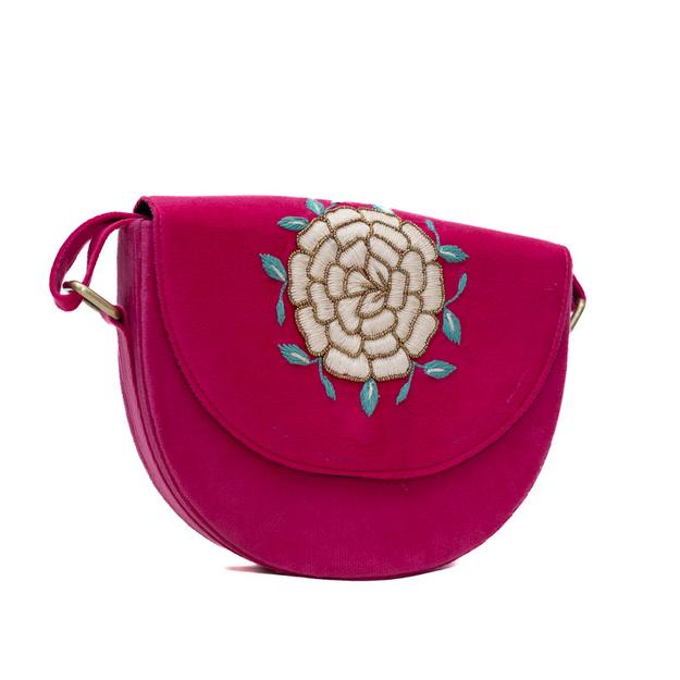 Floral hand embroidered pink lune bag