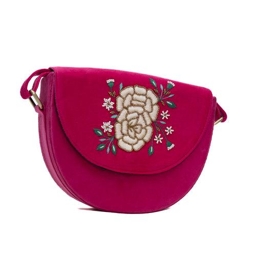 Floral Hand embroidered pink lune bag