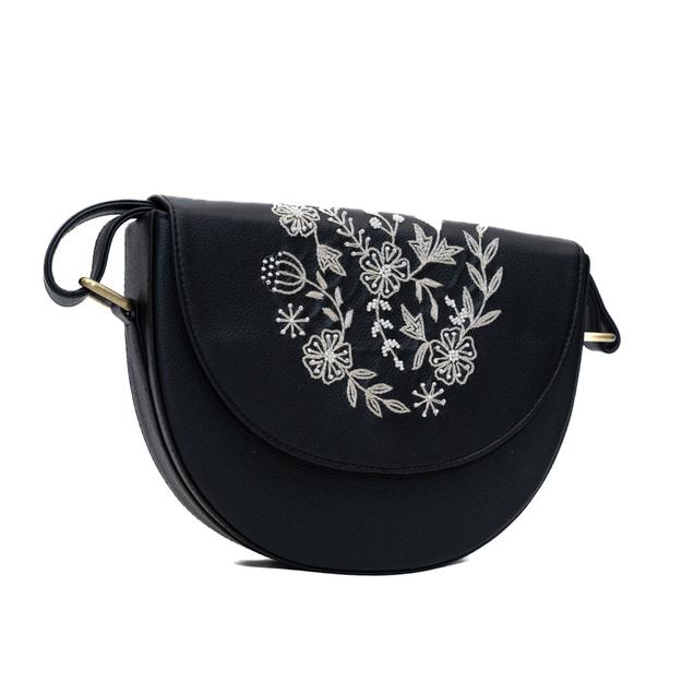 Floral hand embroidered monochrome lune bag