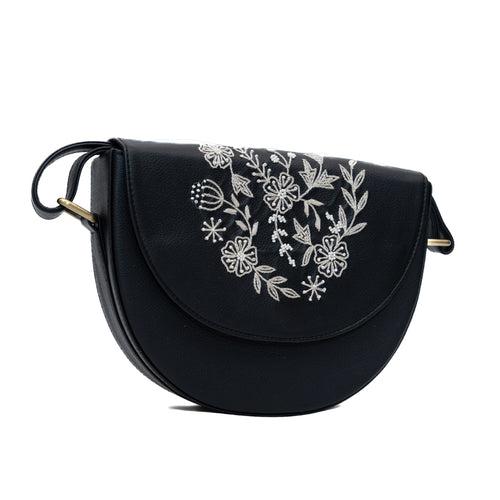 Floral hand embroidered monochrome lune bag