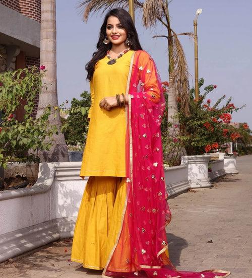 Ready to wear yellow cotton sharara set with dupatta