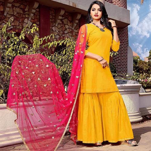 Ready to wear yellow cotton sharara set with dupatta