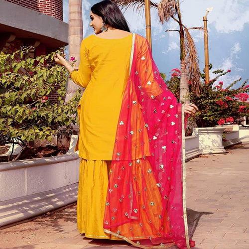 Ready to wear yellow cotton sharara set with dupatta