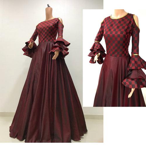 Ready to wear maroon chex printed Flared gown