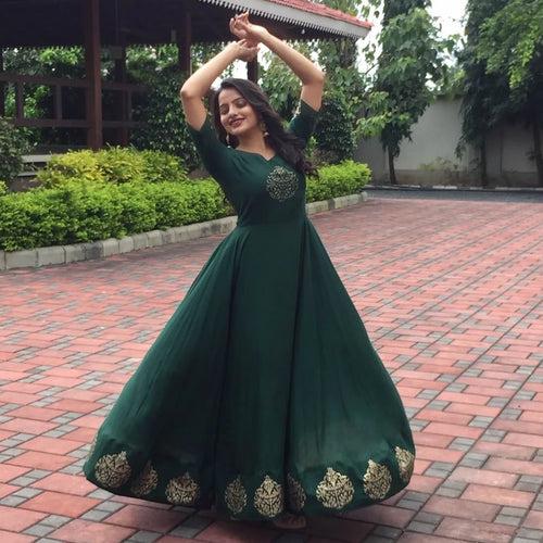 Ready to wear Block printed green gown suit set