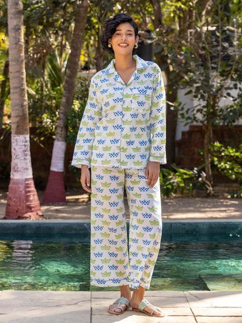 Navy Hand Block Printed Cotton Pyjama Set