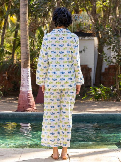 Navy Hand Block Printed Cotton Pyjama Set