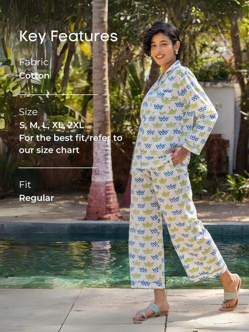 Navy Hand Block Printed Cotton Pyjama Set