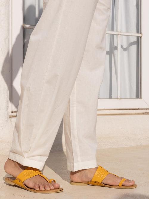 Pearl White Cotton Pleated Pants