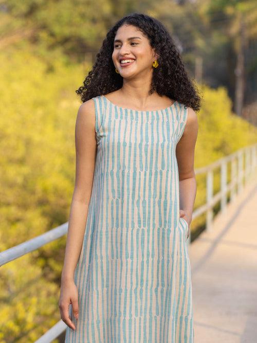 Jade Turquoise Stripes Sleeveless Dress/Kurta