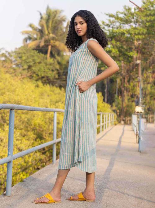 Jade Turquoise Stripes Sleeveless Dress/Kurta