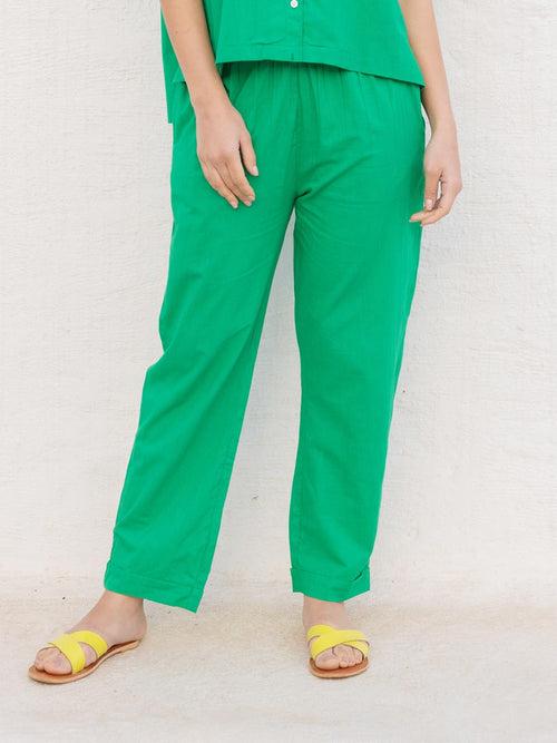 Solid Green Cotton Folded Pants