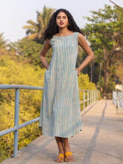 Jade Turquoise Stripes Sleeveless Dress/Kurta