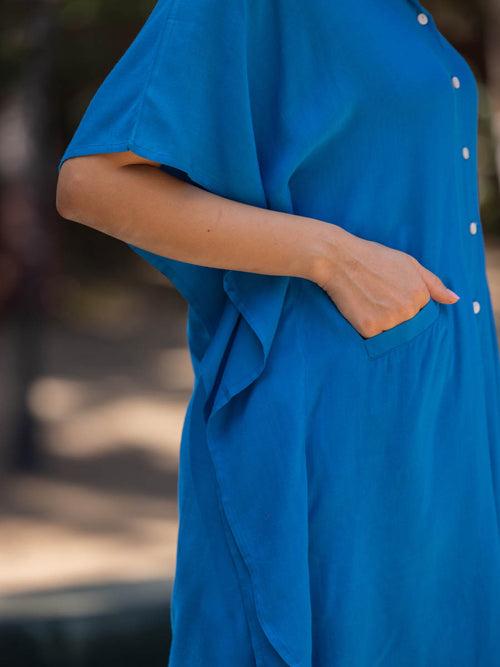 Zephyr Solid Blue Kaftan Shirt Dress