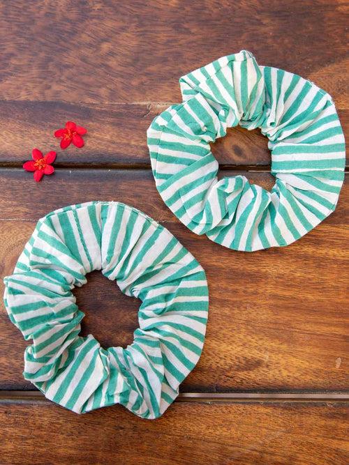 Set of 2 - Turquoise Stripes Cotton Scrunchie