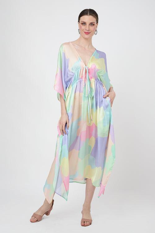 Tie Detail With Elasticated Gathers At The Waist Kaftan Dresses for Women - 185-Abstract Print, S to 3XL