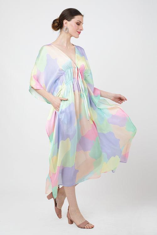 Tie Detail With Elasticated Gathers At The Waist Kaftan Dresses for Women - 185-Abstract Print, S to 3XL