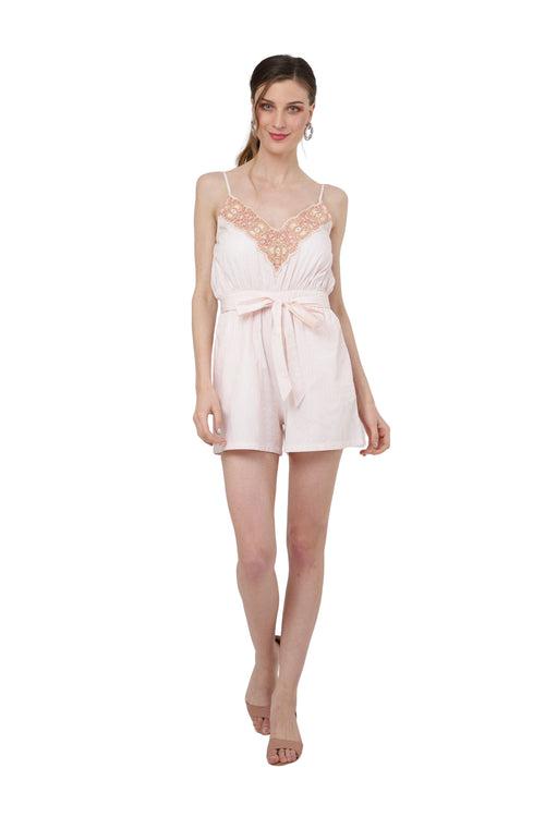 Romper with embroidered lace and tie-up at the waist Ivory White X-Small to 2XL