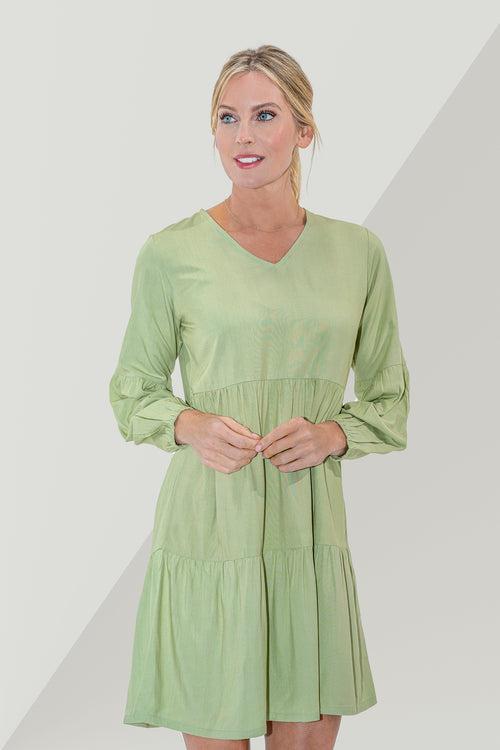 Long Sleeve V Neck Dress Tea Green S to 2XL